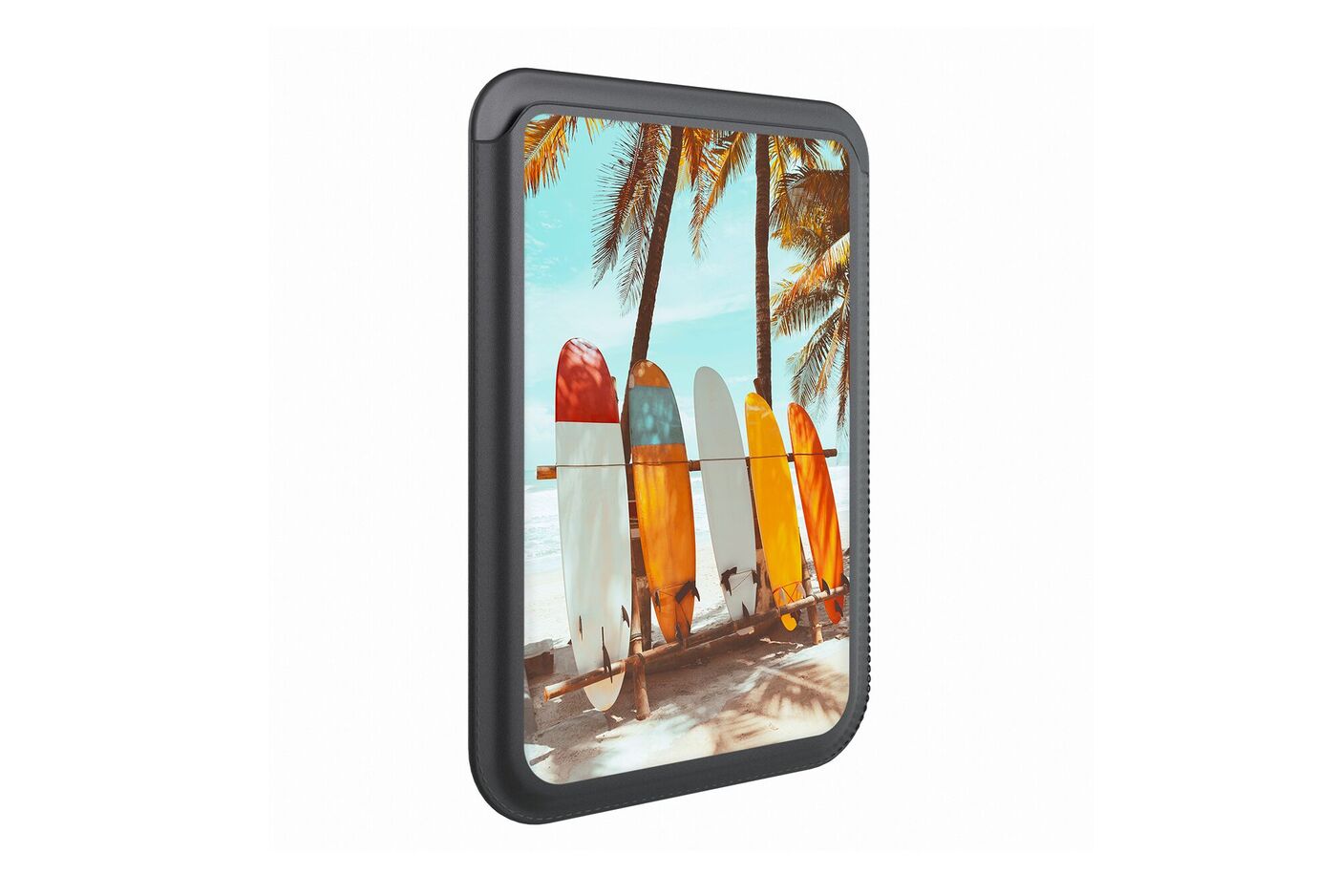 Tarjetero para fundas personalizadas CEWE. Vista lateral con un ejemplo de una foto con tablas de surf.