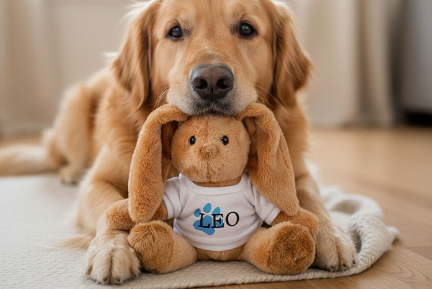 Perro sujetando un peluche que tiene una camiseta con nombre de "Leo"
