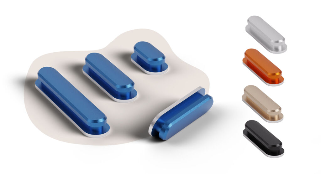 Kit de botones de colores para complementar tu funda de móvil personalizada CEWE, ideales para cubrir el boto de desbloqueo y el volumen.