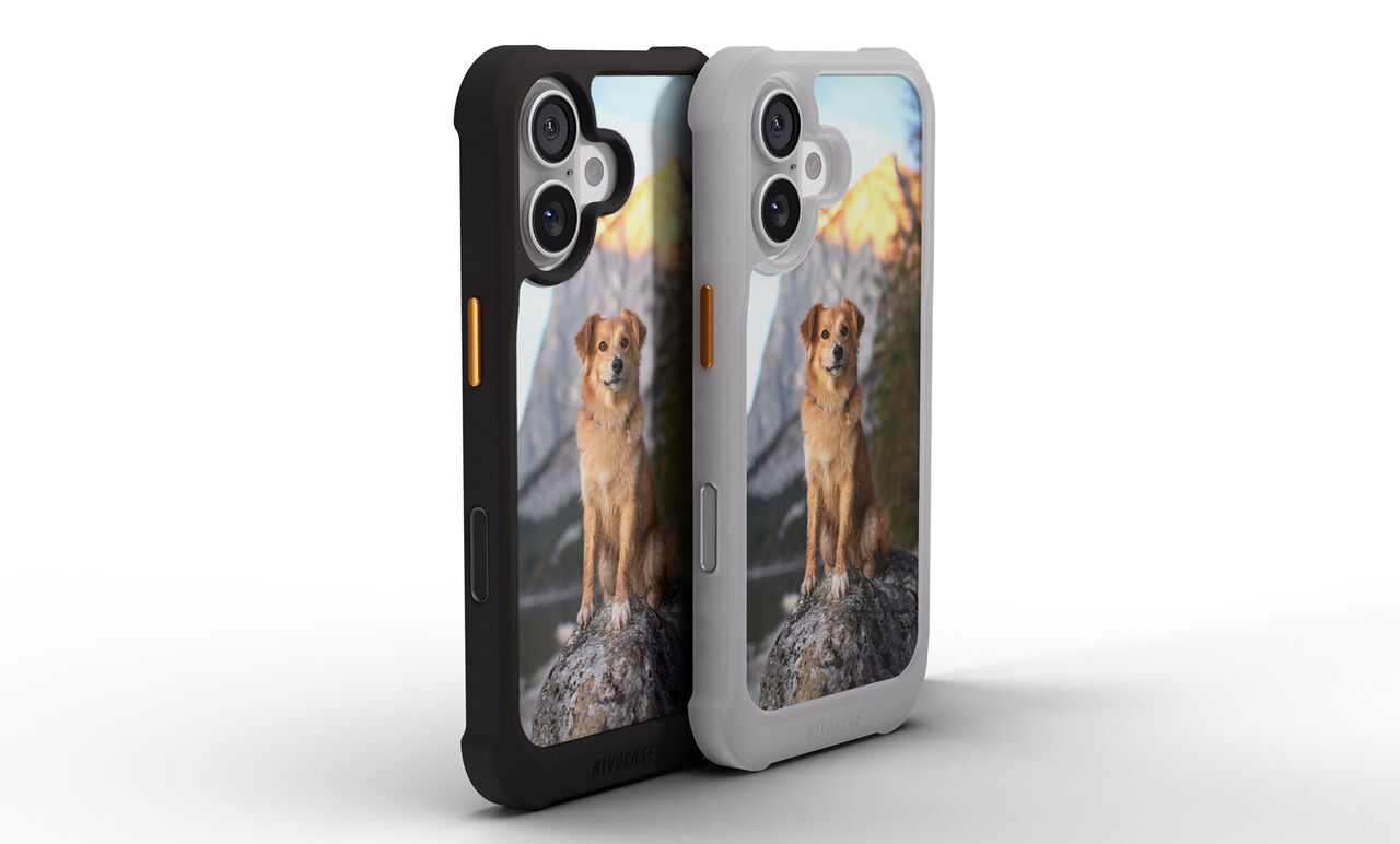 Dos fundas personalizadas de máxima protección. Ambas fundas tiene un perro en una montaña.