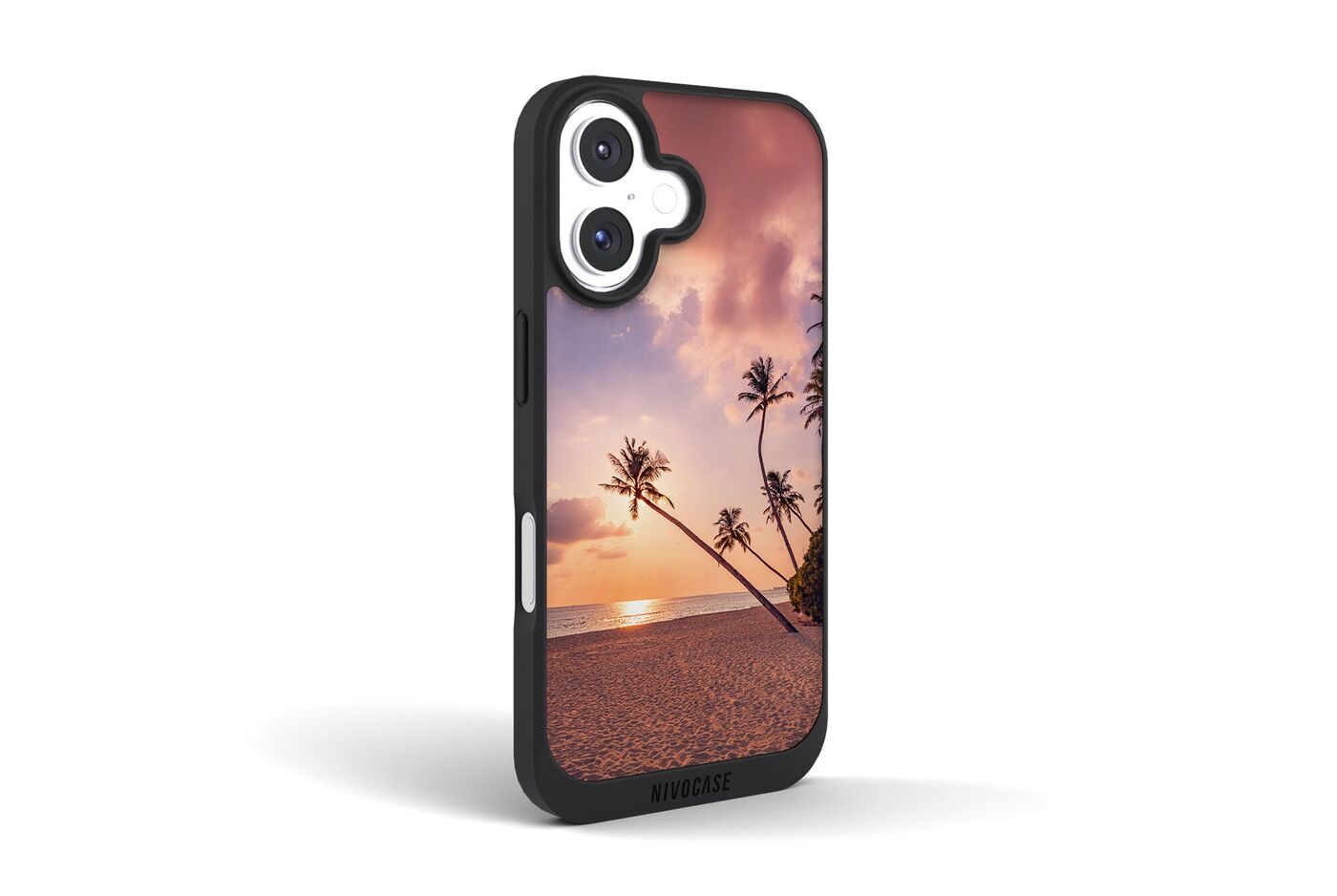 Funda de móvil personalizada con fotos Nivocase. Foto con una playa y una puesta de sol de fondo en la carcasa.